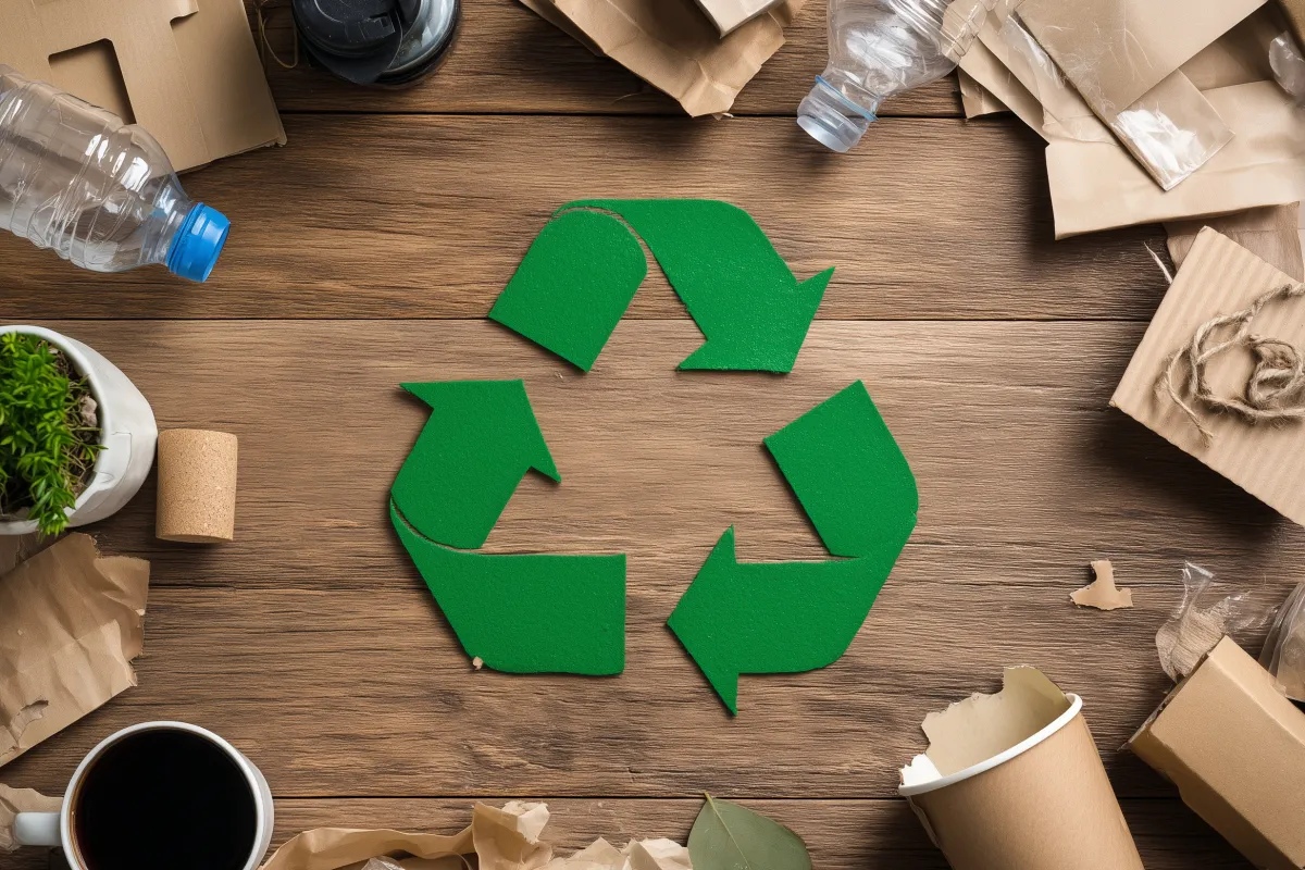 Plastik- und Papierprodukte gruppiert um das Recyclingsymbol